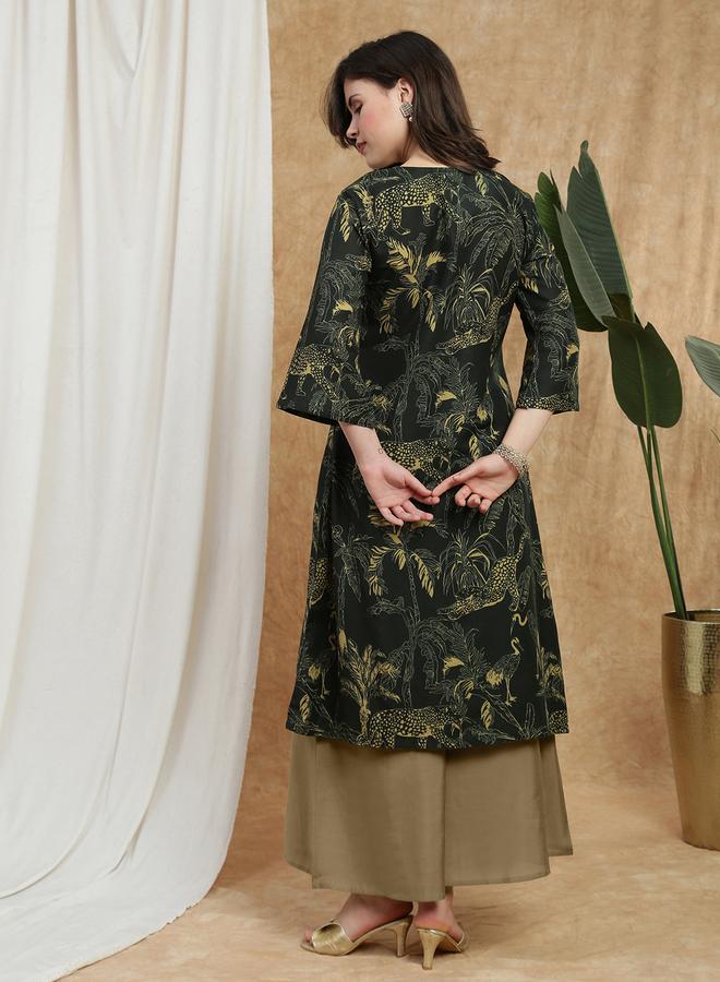 globus Women Olive Bell Sleeves Tropical Print Kurta - Image 2